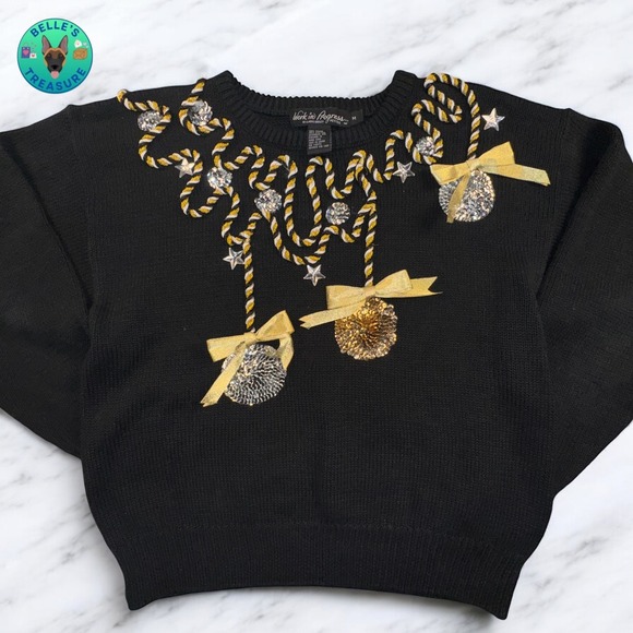 Christmas Ornament Sweater Women's Medium Open Knit Rhinestone Sequin Holiday - Picture 1 of 10